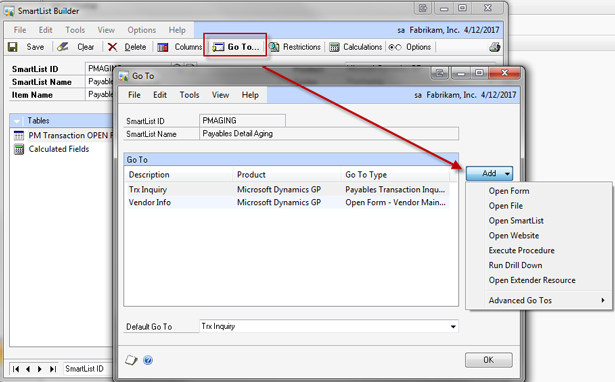 How to create a 'go-to' in dynamics gp smartlist builder