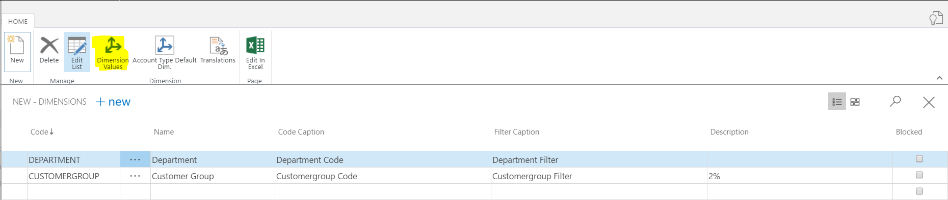 set up dimensions in dynamics 365