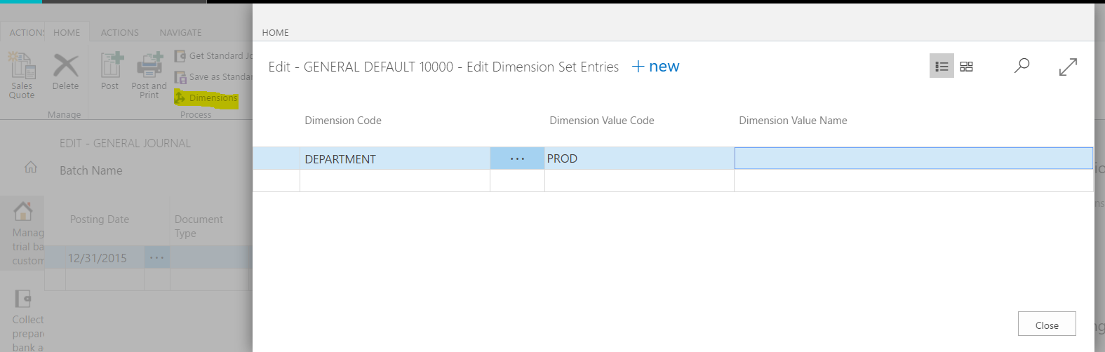 set up dimensions in dynamics 365