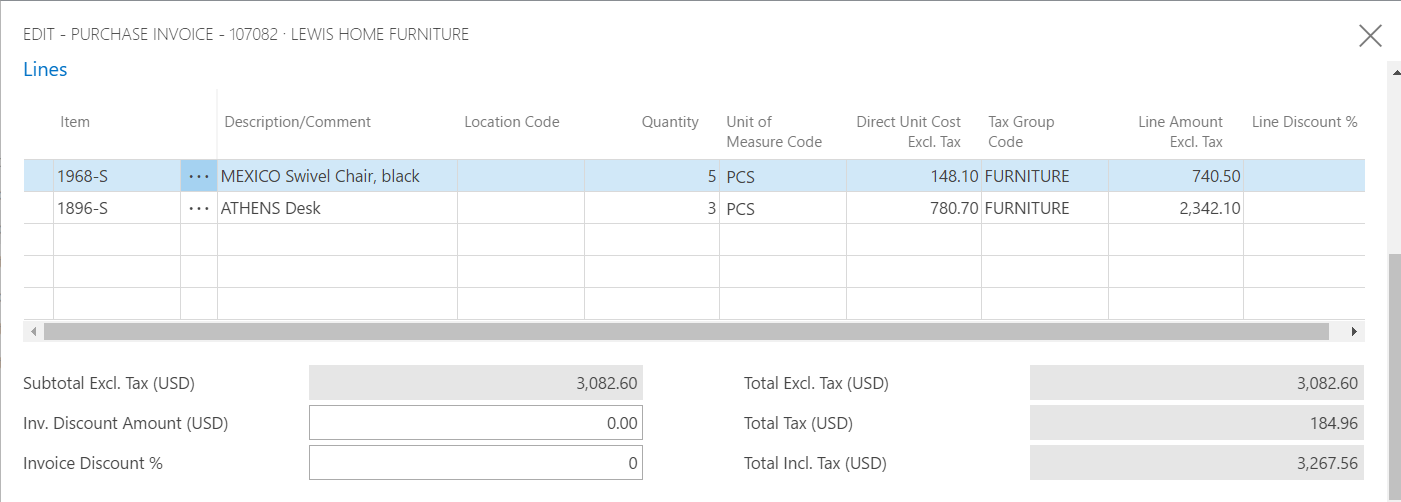 create purchase order invoice dynamics 365