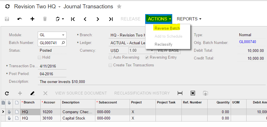 Reversing a batch in Acumatica ERP