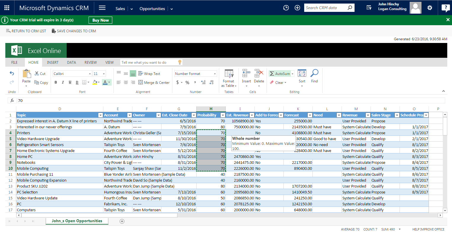 Updating CRM Records in Excel Online