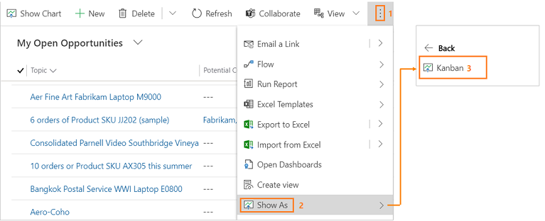 Selecting the Kanban view in Microsoft CRM
