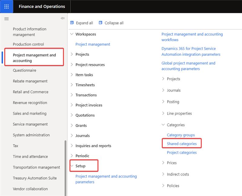 Microsoft D365 Project Categories, Shared Categories, Category Groups